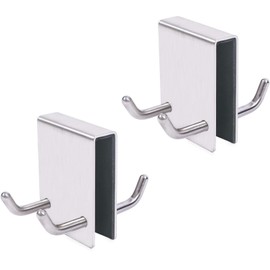 Gancho de Acero Inoxidable, 2 Paquetes Ganchos de Baño, Ganchos de Toalla Laterales Dobles para Puerta de Ducha de Vidrio Sin Marco, Ganchos para Puerta de Ducha para Esponja, Bata de Baño (Plata)