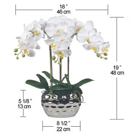 W&W Artificial Orchid Plants & Flowers Arrangement in Ceramic Pot, Fake Faux White Orchid with Silver Vase, Faux Orchids for Home Decor Indoor