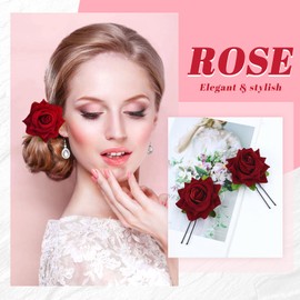 Lawie 10 Pack Colorful Wedding Bridal Red Rose Flower Hair Pins U-shaped Floral Hair Clips Formal Prom Party Decorative Bobby Pins Hair Accessories for Women Girls Brides Bridesmaids (Red)