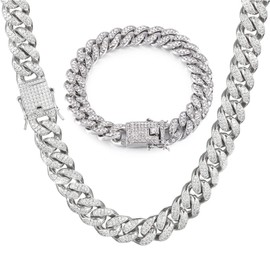 GIHENHAO 2pcs Cuban Link Chain for Men,Silver Necklace and Bracelet,Miami Cuban Chains,Bling Diamond Chain for Hip Hop Jewelry
