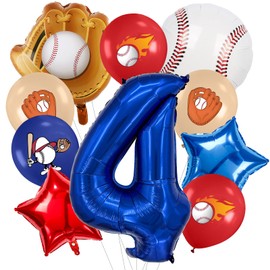Zailo 32 Inch Baseball Theme Foil Number large Balloons Numbers 0-9 Supplies for Birthdays Navy Blue Red and White Sports Party Supplies Mylar Metallic Film Boys Decorative Arch Set (Number 4)