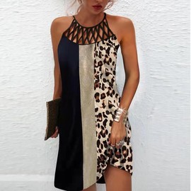 Size L Color Block Leopard Summer Dresses for Women 2025 Casual Floral Hollow Out Halter Neck A-line Beach Vacation Holiday Sundresses with Pockets
