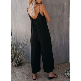 Happy Sailed Jumpsuits for Women Spaghetti Strap Wide Leg Long Pants Rompers One Piece Jumpsuit Stretchy Baggy Overalls Summer Sleeveless Vacation Outfits Medium A Black