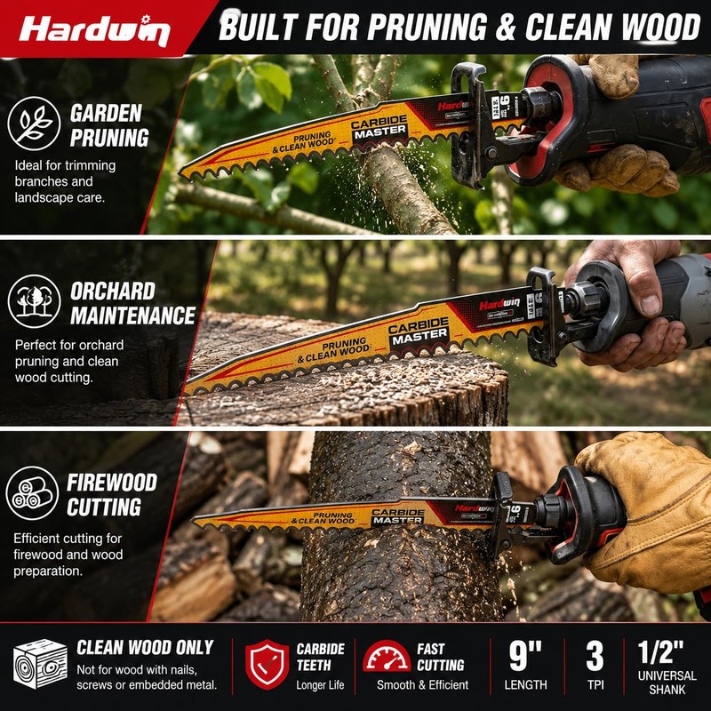 Hardwin 9-Inch Reciprocating Saw Blade 3TPI 24TCT Wood 3-Pack