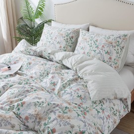 HoneiLife Cotton Duvet Cover King - Botanical Comforter Cover, 3-PC Bedlinen for Set with Zipper Closure & Corner Ties, Sweat-Absorption Comforter Cover Sets, Desert Rose