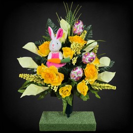 Realistic Artificial Cemetery Flowers - Silk Faux Floral Easter Memorial Flowers Yellow Rose and Calla Lily Bouquet with Purple Floral Easter Eggs & Pink Easter Bunny Decorative Pick