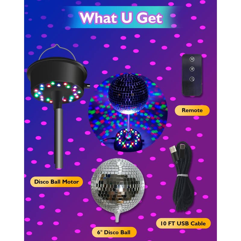 Disco Ball with Motor with Remote and Lights, Palujorty 5-9