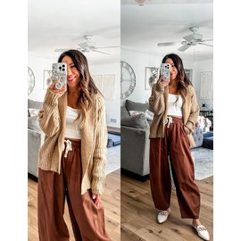 Xiaoxuemeng Wide Leg Pants for Women Cotton Casual Barrel Pants High Waisted Palazzo Harem Pants with Pockets(Brown-L)