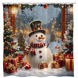 Winter Snowman Shower Curtain Merry Christmas Snow Scene Xmas Tree Rustic Funny Cute Happy New Year Festive Farmhouse Holiday Bathroom Curtains Set Polyester Fabric Hooks 70" W x 70" L