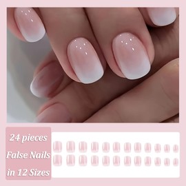 24PCS False Nails with Glue - Press on Nails Short - Gradient Pink White Fake Nails - Full Cover Acrylic Square Nail Tips and Glue Stick on Nails for Women Nail Art Design at Home
