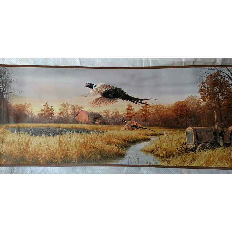 Pheasants Tractor Farm Scene Wallpaper Border - Brown