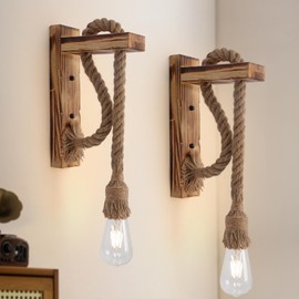 Farmhouse Wood Sconces Wall Lighting for Bedroom,Rustic Wall Mount Sconce with Wood Bracket & Adjustable Hemp Rope, Rustic Wall Lamp for Bedroom Entryway Hallway Living Room.
