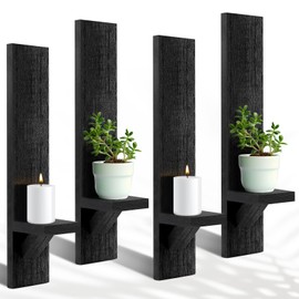Potchen 4 Set Wooden Wall Candle Holder Sconces Mount Decorative Holders Decor Rustic Hanging Shelf Living Room Decoration for Farmhouse Bathroom Bedroom Vase Living Room(Black)