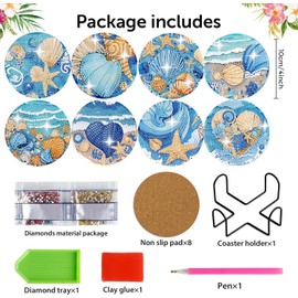 8 PCS Diamond Art Coasters Ocean Diamond Painting Coasters Kits Ocean Animals with Holder DIY for Beginners, Adults, Diamond Art Crafts Supplies 4x4 in
