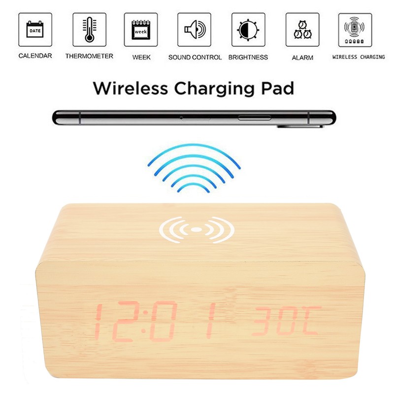 Wooden Clock Alarm Mobile Phone Wireless Charging Wood Voice Control