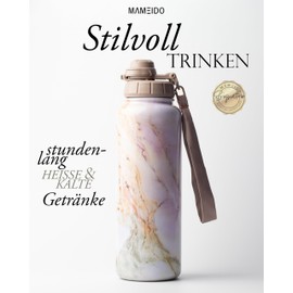 MAMEIDO Thermos Flask with Straw, 1.2 L, Leak-Proof Drinking Bottle, Stainless Steel Insulated, Water Bottle BPA-Free with Carry Strap, Water Bottle Sport (Pearl Marble, 1200 ml)