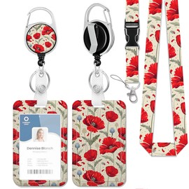 Bright Red Poppy Flowers Plastic Id Badge Holder,ID Badge Holder with Breakaway Lanyard Retractable Badge Reel,Card Name Tag Badge Protector Cover for Teacher Nurse Student Office