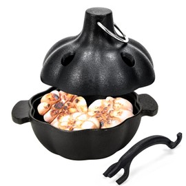 IPROUDER Cast Iron Garlic Roaster with Handle, Smoker Roaster, Garlic Cooker, Garlic Baker, Garlic Roasting Pot, Potato Baker, Mini Cocotte, Used in the Kitchen Oven or Outdoors on a BBQ Grill Stove