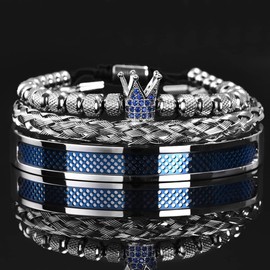 AIDUOMIRZER Luxury Roman Royal Crown Charm Men's bracelet Stainless Steel Geometry Pulseiras Men Open Adjustable Bracelets Couple Jewelry Gift (Blue Crown 3pcs)