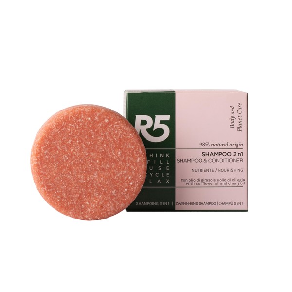 R5 - Nährendes festes Shampoo 2 in 1-98% natürliche Inhaltsstoffe mit Kirsch- und Sonnenblumenöl. Ein 70g-Shampooriegel entspricht 4 Flaschen eines herkömmlichen Shampoos zu 250ml.
