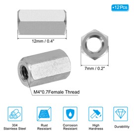 PATIKIL M4 x 0.7-Pitch 304 Stainless Steel Hex Coupling Nuts, 12Pcs 12mm/ 0.5" Length Coarse Fully Threaded Rod Coupling Nut Studding Connector Fasteners, Silver Tone