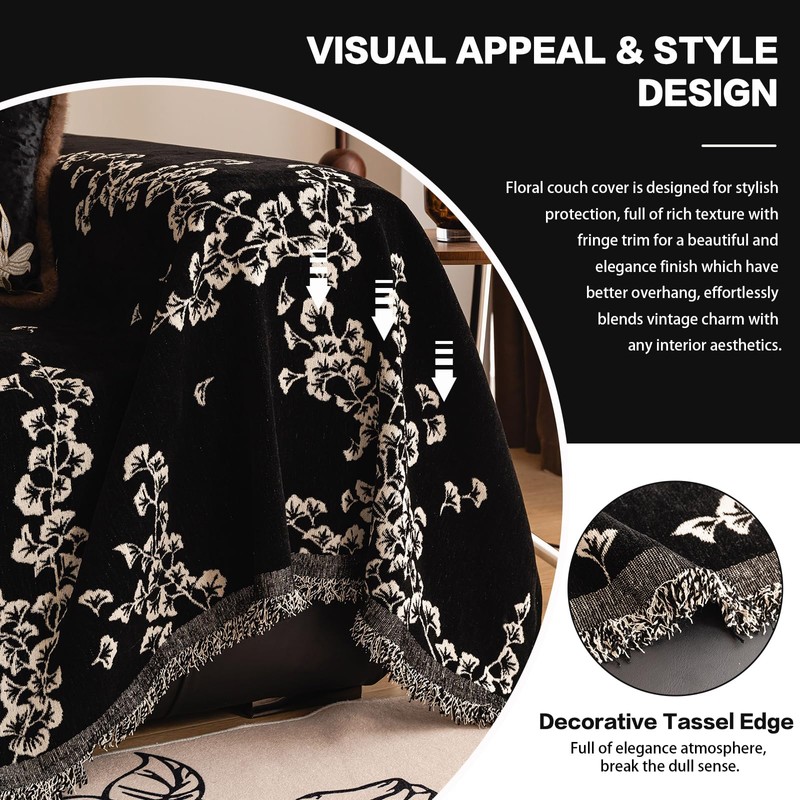 Black Vintage Couch Cover Botanical Vine Jacquard Slipcover for Loveseat