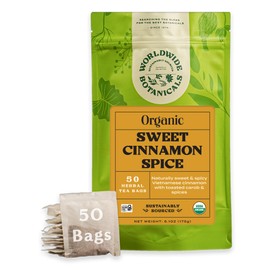 Worldwide Botanicals Sweet Cinnamon Spice Herbal Tea, 50 Tea Bags - Organic, Caffeine Free, Kosher, Naturally Sweet, 50% More Herbs - 50 Tagless Eco-Friendly Tea-Bags