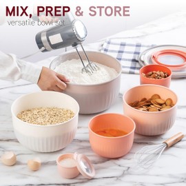 COOK WITH COLOR Prep Bowls with Lids- Wide and Deep Nesting Plastic Small Mixing Bowl Set with Lids, 12 Piece Set - Deep Bowls, Grey/Pink