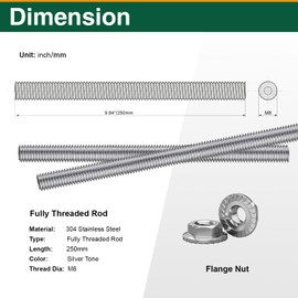 304 Stainless Steel M8-1.25x250mm Fully Threaded Rod Studs，Long Threaded Screw Right Hand Threads All Threaded Rod Studs for Anchor Bolts Clamps Hangers U-Bolts（Pack of 4）