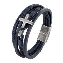 REchoLI Cross Bracelet for Man Black/Brown/Blue Braided Leather Bracelet with Stainless Steel Silver Cross Charm Stylish Christian Jewelry (Blue)