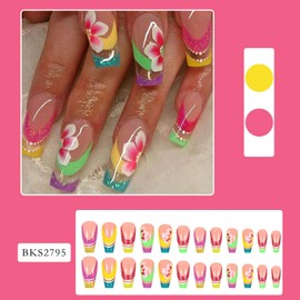 Rilafuvu Medium Press on Nails Coffin Fake Nails French Nails with Flower Designs Glue on Nails Colorful Glitter Acrylic Nails Press ons Glossy Press on Nail Stick on Nails for Women and Girls 24Pcs