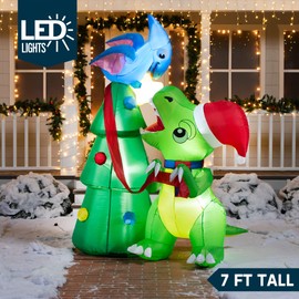 Joiedomi 7 FT Christmas Dinosaur Inflatable Decoration, Dinosaur Decorating a Christmas Tree Inflatable with Built-in LEDs Blow Up Inflatables for Party Outdoor, Yard, Garden, Lawn Winter Decor