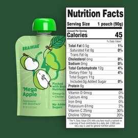 Brainiac Applesauce Mega Apple Pouches with Omega-3s, Unsweetened Applesauce with Vitamin C, Omega-3s and Choline, 40 Count, 3.2 oz.