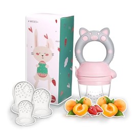 Chupón Para Fruta Y Papilla con Seguro Y Tapa Dibujos Animados, Libre de BPA (ROSA/GRIS)