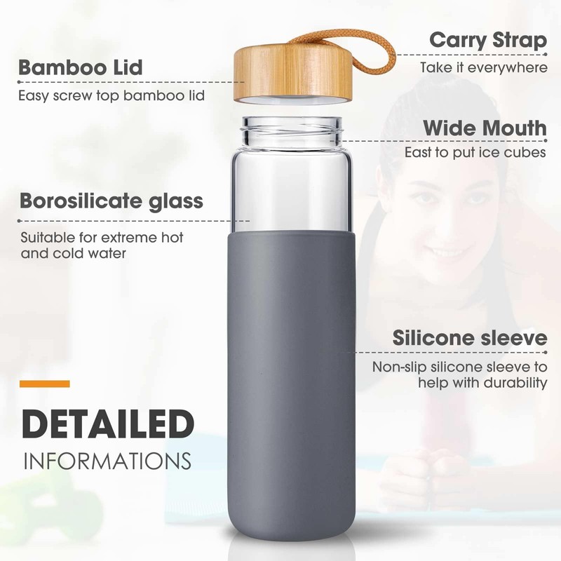Yomious 20 Oz Borosilicate Glass Water Bottles with Silicone Sleeve