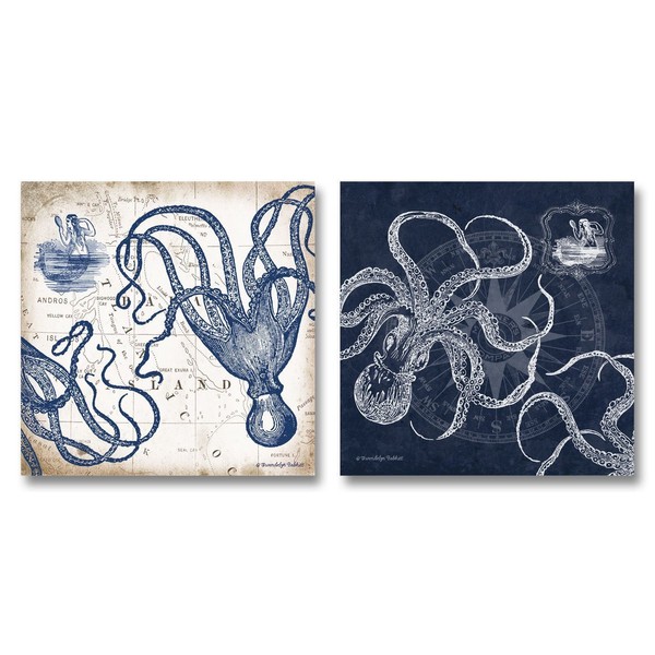 Mariner's Compass and Map Indigo and Grey Octopi Coastal Art; Two 12x12in Prints