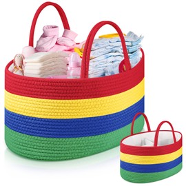 Ziliny Oversize Baby Diaper Caddy Organizer, Rope Nursery Bin Basket, Changing Table Baby Diaper Storage Portable Car Organizer with Removable Divider, Baby Shower Gifts(Colorful)
