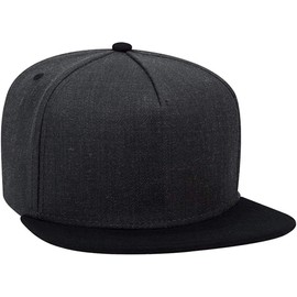Ashen Fane Heather Wool Blend 5 Panel Snapback Flat Bill Two Tone Hat, Black Heather Black