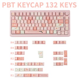 GEKUCAP Cute Pink PBT Keycaps - 132 Cherry Profile Dye Sublimation Keycaps Set for Cherry Gateron MX Switches Mechanical Keyboards (Flower Letterhead Theme)