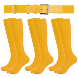 XZQTIVE - Juego de 3 pares de calcetines de béisbol y 1 cinturón de béisbol, cinturón ajustable de softbol y calcetines de softbol para jóvenes y adultos, Amarillo, Small