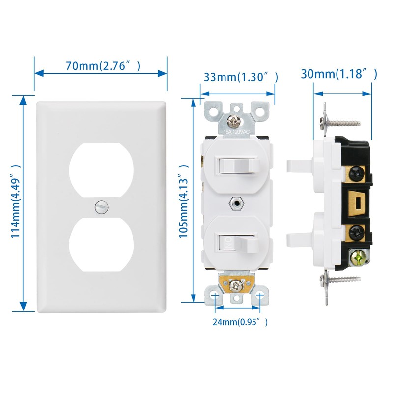 Baomain 2-Pack Double Toggle Light Switch with Wall Plate,15 Amp