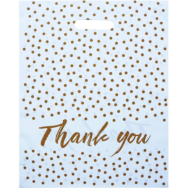 Premium White Retail Bags with Gold Polka Dots 12" x 15" Plastic Thank You Merchandise Bags with Handles for Shopping, Retail, Boutique, Gift Bags and Small Business Supplies (50 Pack)