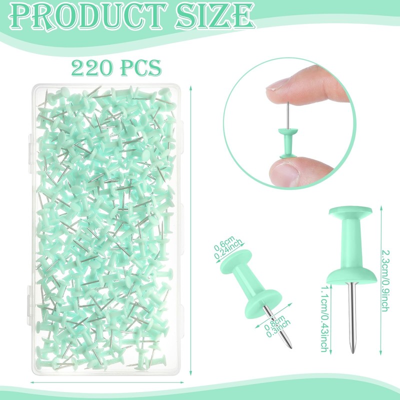 220 Count Green Push Pins, Standard Plastic Head Steel Point
