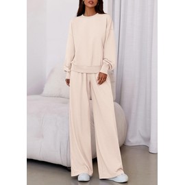 PRETTYGARDEN Womens 2 Piece Sets Long Sleeve Sweatshirt Wide Leg Pants Loose Matching Lounge Set Trendy Fall Outfits (Beige,X-Large)