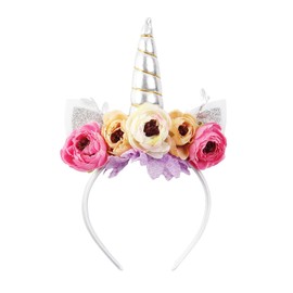 Nishine Girls Glitter Unicorn Horn Headband Camellia Pony Head Band Hair Band Tiara Party Birthday Gift (Silver&Pink)