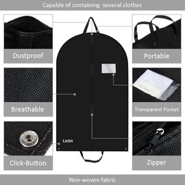 Lictin 100 * 60cm Breathable Garment Suit Clothes, Suit Bag Garment Bag Breathable Suit Protector Carrier with 1shoe cover and PVC Transparent Window for Wardrobe and Travel Dustproof (Blak, 3 pcs)