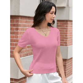 DAIMIDY Women's V Neck Short Sleeves Sweaters Soft Knit Lightweight Pullover Top, A01 Dark Pink, X-Large