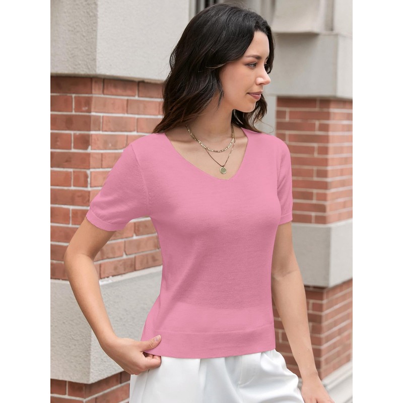 DAIMIDY Women's V Neck Short Sleeves Sweaters Soft Knit Lightweight