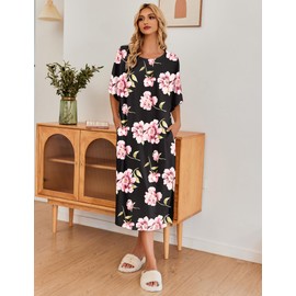Ekouaer Women's Nightgown Short Sleeve Sleepshirt Long Loungewear Casual Maxi Lounge Dress House Dresses with Pockets,Flower Black,L