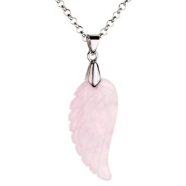 Jovivi Natural Rose Quartz Crystal Gemstone Stone Healing Point Chakra Reiki Angel Wings Pendant Chain Necklace